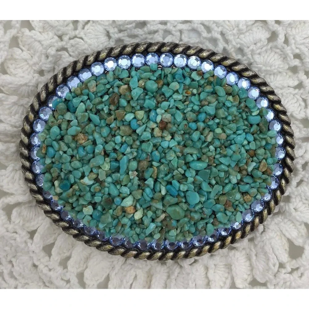 Vintage Turquoise Chip Belt Buckle Blue Rhinestone Rope Edge Western Boho